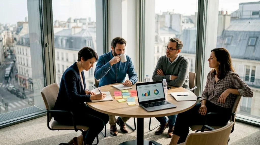 Des collaborateurs discutent ensemble autour d'une table en salle de réunion.