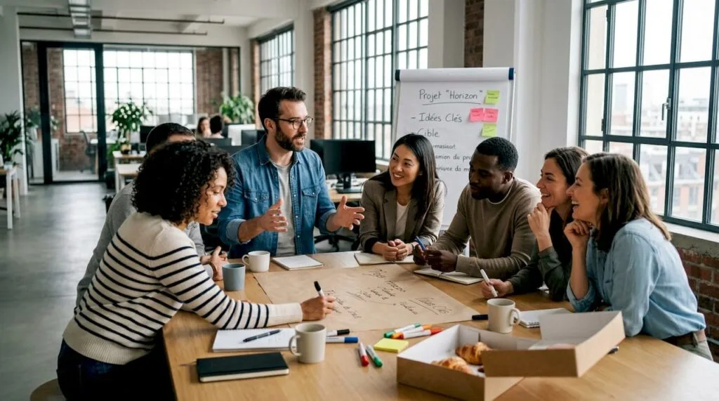 Une équipe échange des idées lors d’une séance de créativité dans un espace de travail moderne.