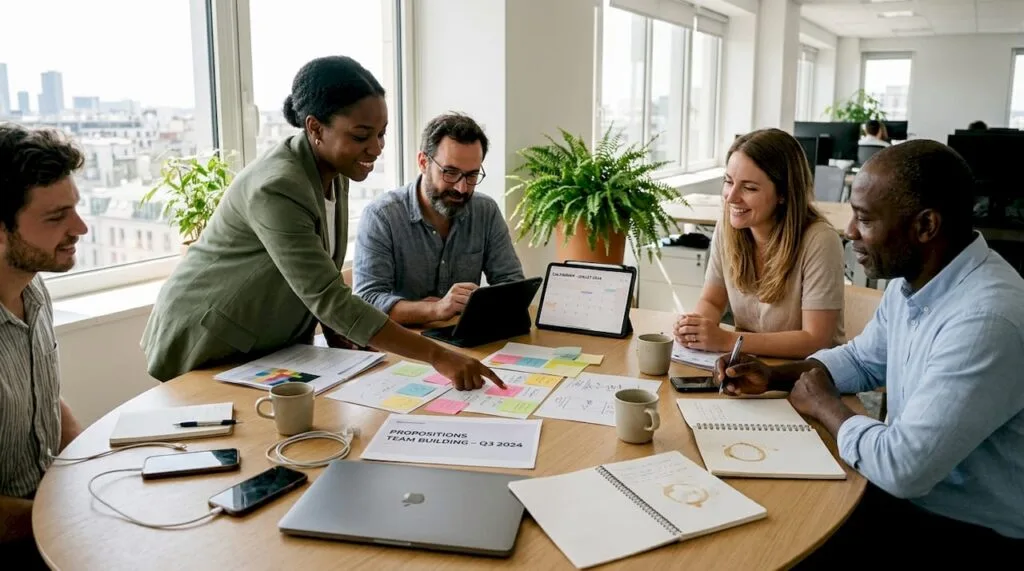 Une équipe aux profils variés échange des idées autour d’une table lumineuse dans un espace de travail moderne.