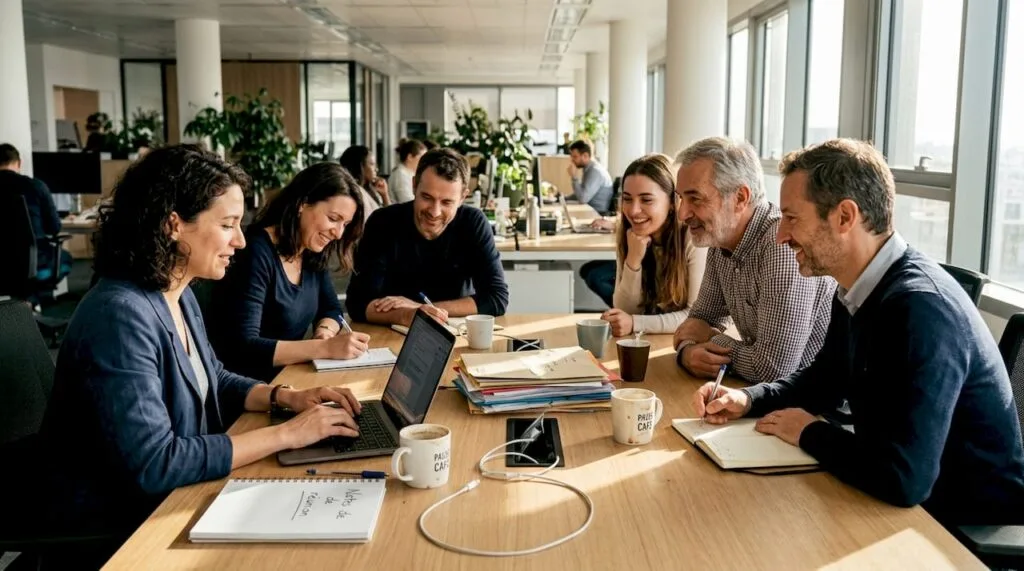 Des collègues échangent et travaillent ensemble autour d’une table de réunion.