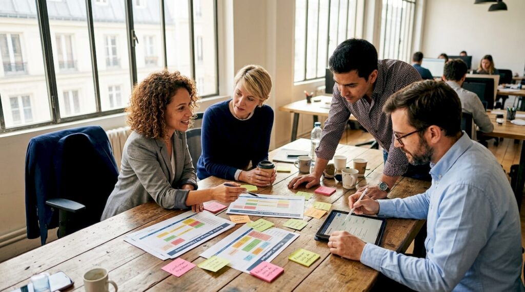 Une équipe qui se réunit pour organiser ensemble un événement d’entreprise