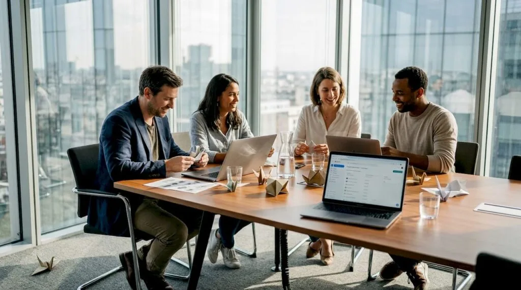 Une équipe se mobilise au bureau autour d’un projet écoresponsable.