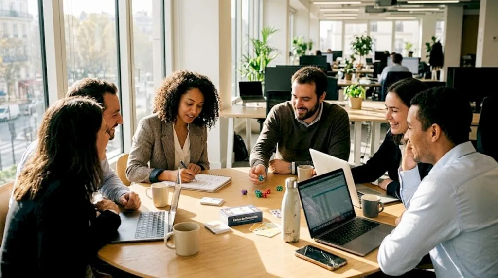 Des collègues participent à une activité de cohésion d’équipe dans les locaux de l’entreprise.