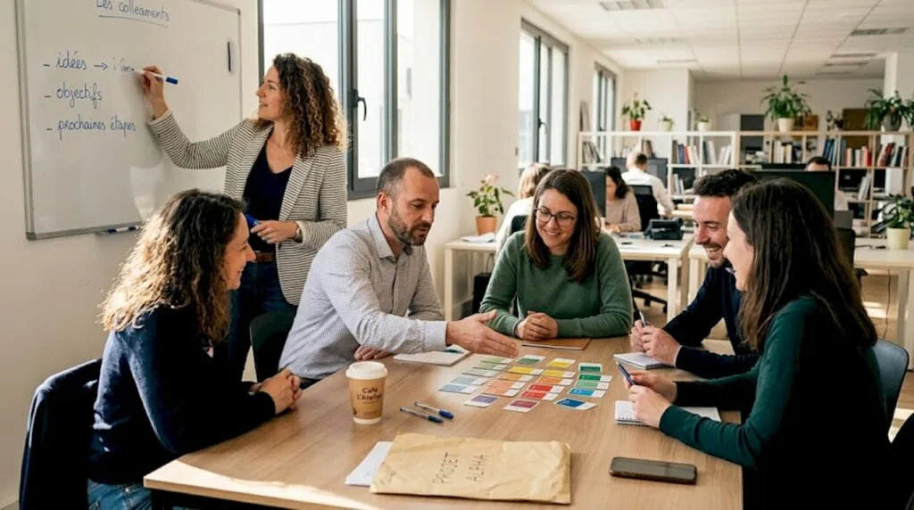 Des collègues se prêtent à un jeu de cohésion d’équipe dans un espace de travail ouvert, profitant d’un moment convivial pour renforcer leurs liens.