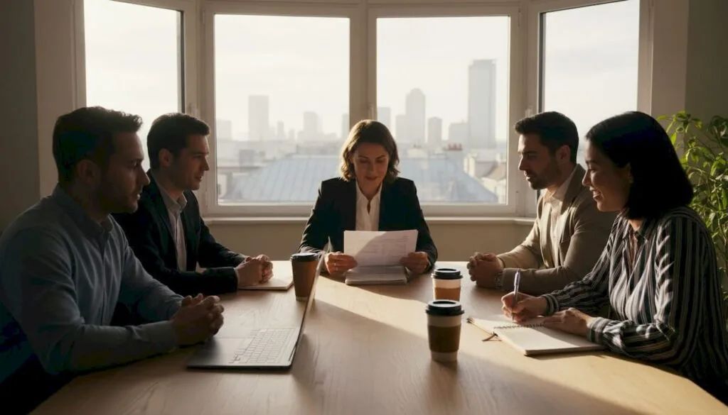 Équipe en pleine séance de travail collaboratif dans une salle de réunion.