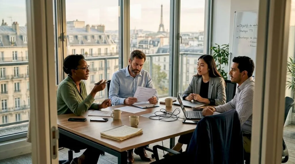 Des membres d'une équipe se mettent en situation autour d'une table de réunion pour simuler différents scénarios professionnels.