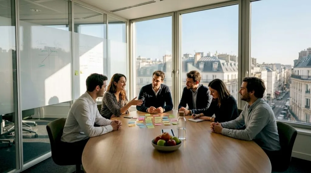 Des collègues échangent et travaillent ensemble dans une salle de réunion à Paris.