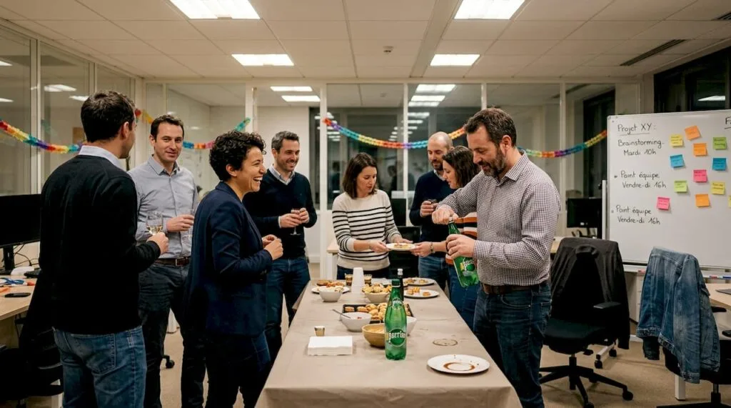 Des collègues se retrouvent autour d’un moment convivial au bureau, partageant rires et bonne humeur.