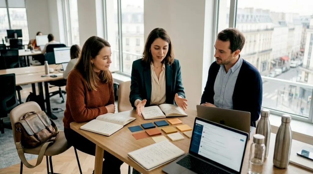 Une équipe échange et travaille ensemble autour d’une table dans un espace de travail.