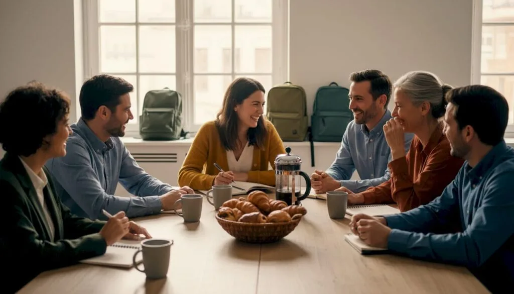 Des collègues échangent dans une ambiance détendue autour d’une table de réunion.