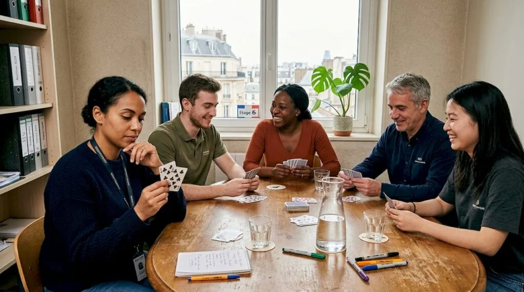 Des collègues s’amusent ensemble autour d’une table de réunion.