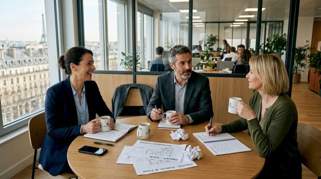Échange convivial entre collègues autour d'une table en salle de réunion