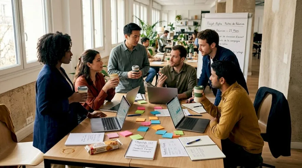 Des collègues échangent activement lors d’une réunion d’équipe, chacun apportant ses idées et participant pleinement à la discussion.