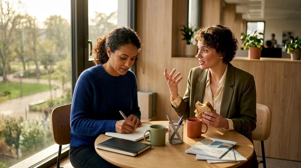 Des collègues échangent leurs idées dans un espace de travail réduit.