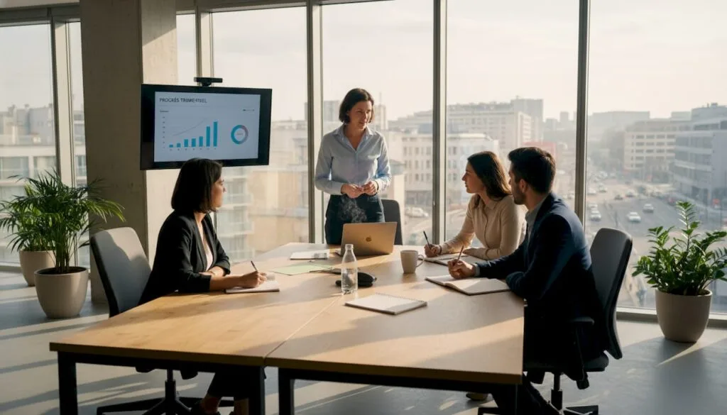 Une équipe échange avec dynamisme lors d’une réunion dans un cadre professionnel.