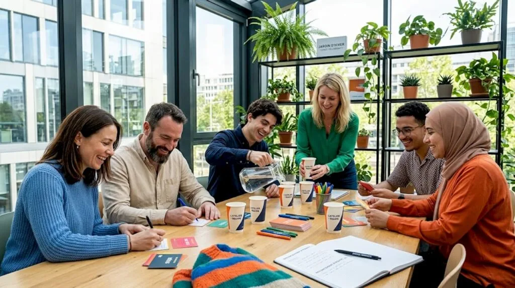 Des collègues se retrouvent pour une activité de cohésion d’équipe.