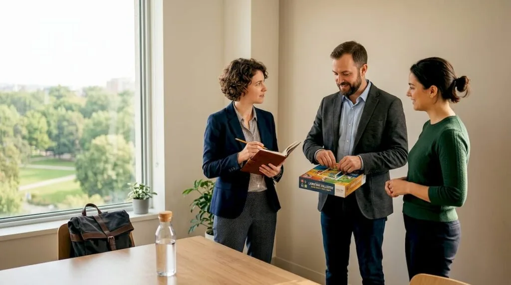 Des collaborateurs échangent autour d’un café dans l’espace détente de l’entreprise.