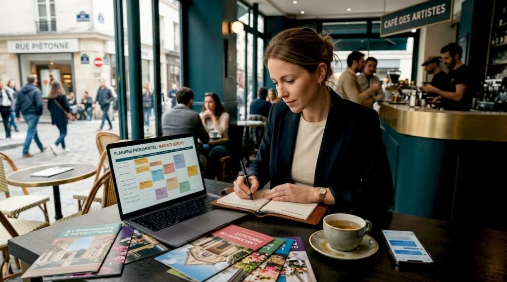 Organisatrice d’événements en pleine préparation à son bureau