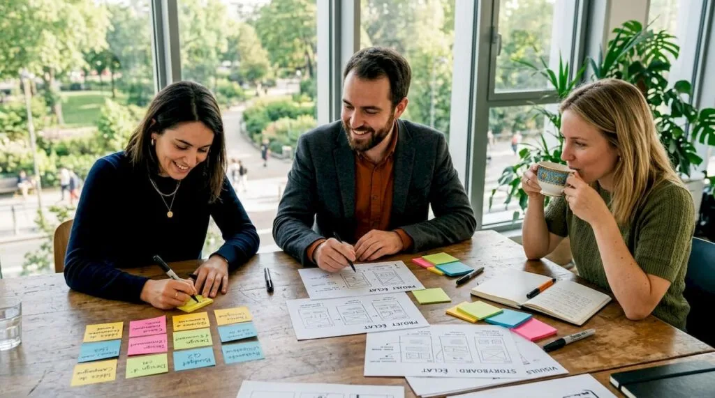 Une équipe échange des idées autour d'une table de bureau encombrée, chacun apportant sa touche au projet dans une ambiance dynamique et conviviale.