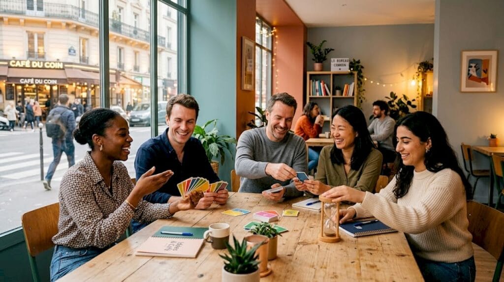 Des collègues qui partagent un moment convivial autour d’un jeu pour renforcer l’esprit d’équipe.