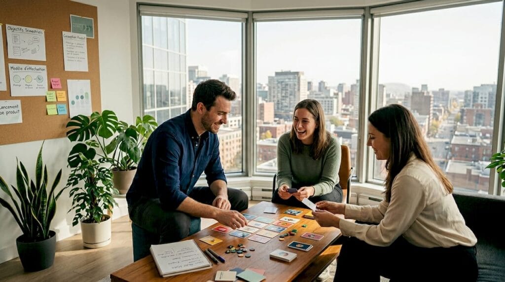 Des collègues s’entraident lors d’un jeu de cohésion d’équipe, renforçant leur esprit collectif tout en s’amusant.