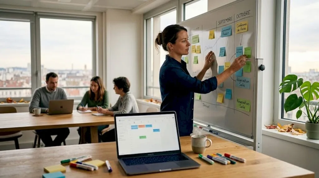 Une organisatrice prépare l’organisation d’un événement en esquissant les grandes lignes sur un tableau blanc.