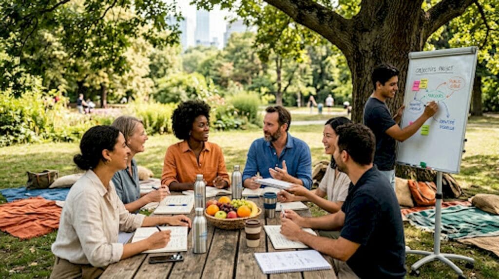 Une équipe d’entreprise réunie en plein air pour stimuler sa créativité et échanger des idées dans une ambiance conviviale.