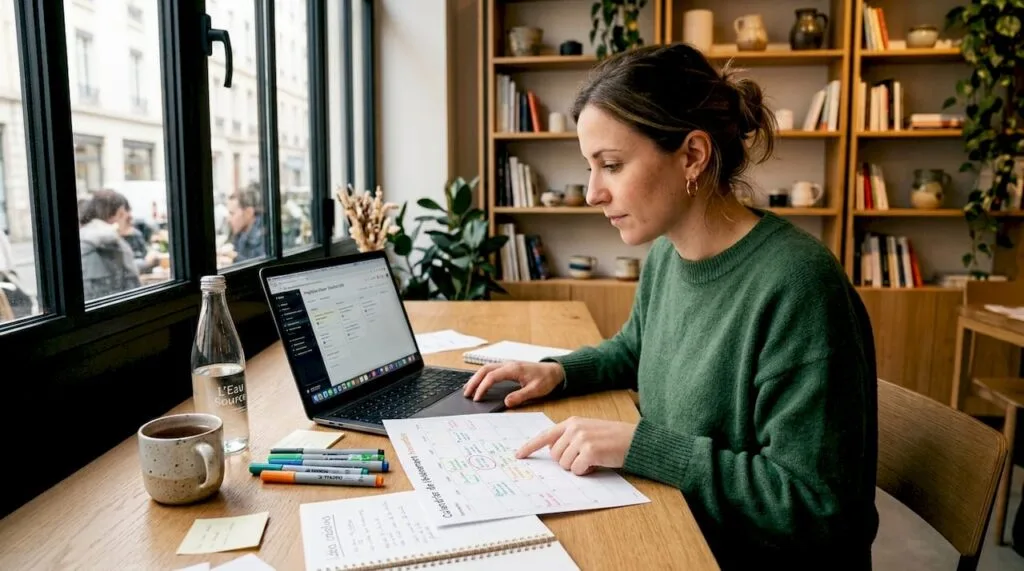 Organisatrice d’événements en pleine préparation de la planification de son projet, installée à son bureau.