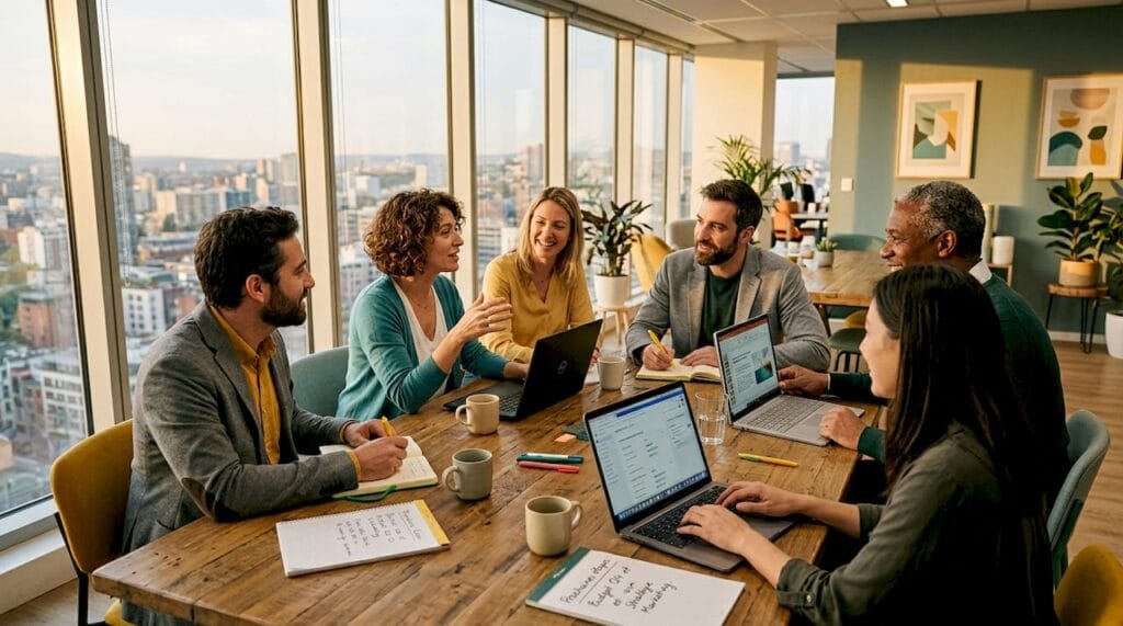 Des collègues échangent et travaillent ensemble autour d’une table de réunion.