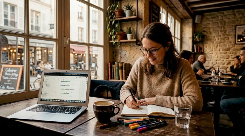 Organisatrice d’événements en pleine préparation des animations, concentrée à son bureau.