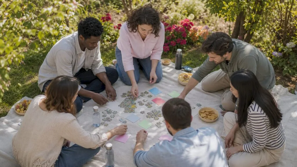 Des collègues participent à une activité ludique de cohésion d’équipe dans un espace intérieur, créant une ambiance conviviale et détendue.