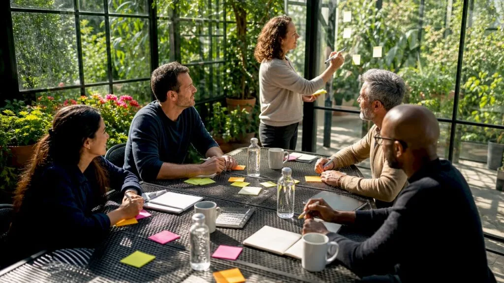 Un groupe de collaborateurs réuni autour d’une table pour un atelier participatif en entreprise.