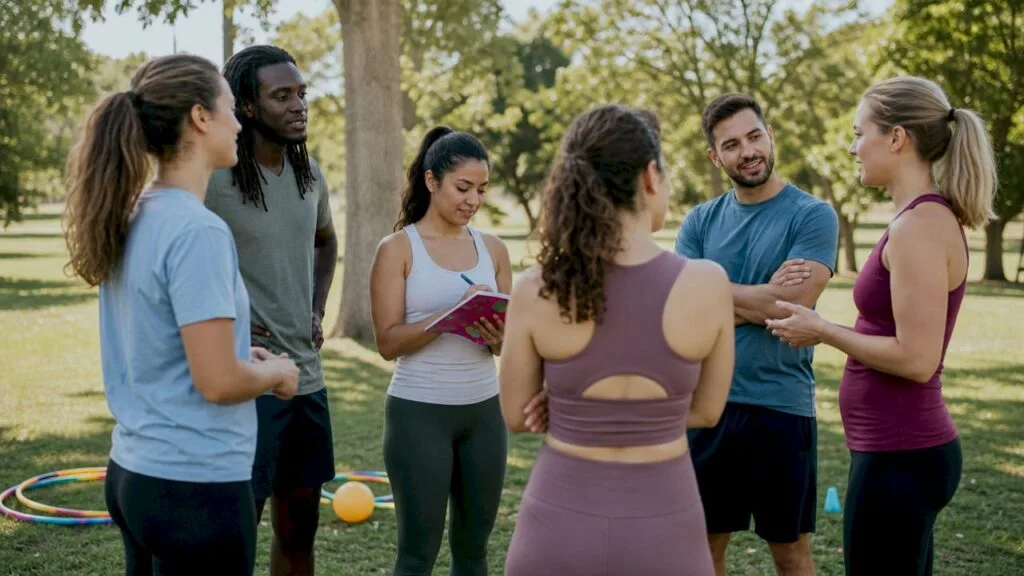 Un groupe d'élèves échange dans le gymnase avant de commencer des jeux en équipe.