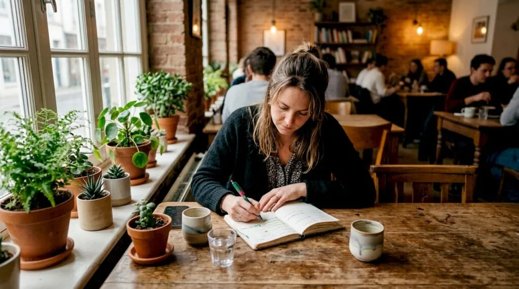 Une femme organise la préparation d’un événement, assise à son bureau, concentrée sur sa liste de tâches à accomplir.