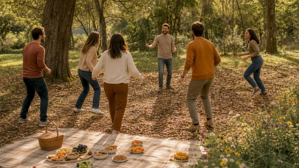 Un groupe participe à une activité ludique en extérieur, profitant du grand air.