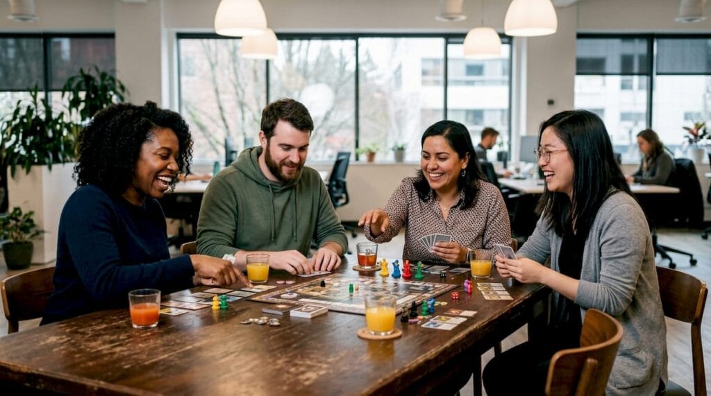 Une équipe participe à un atelier ludique et collaboratif dans une salle de réunion.