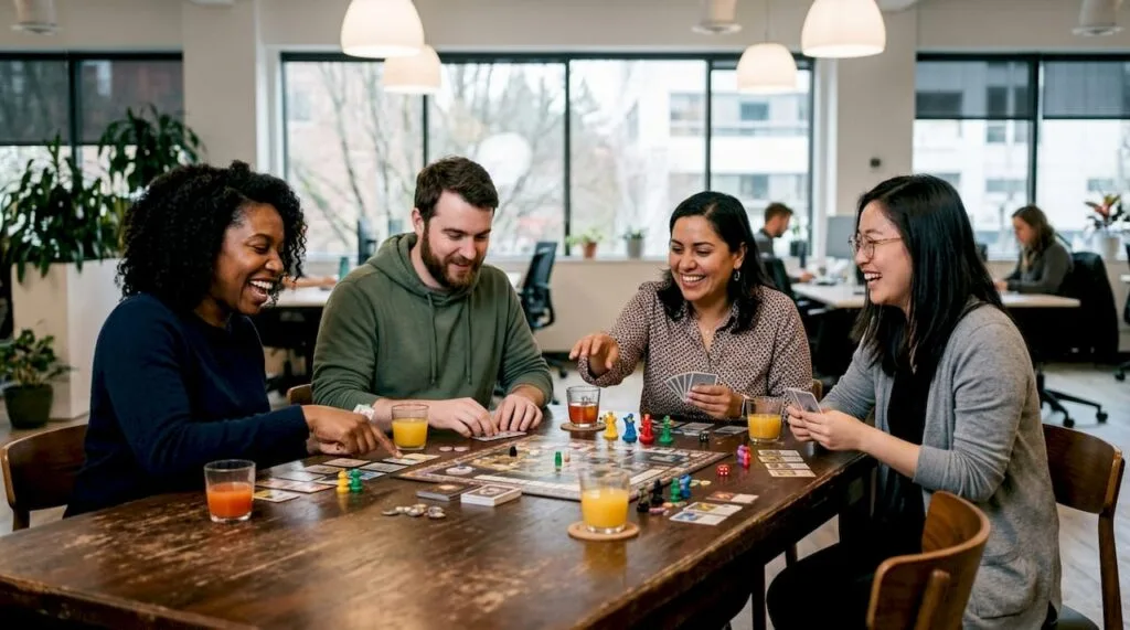Une équipe participe à un atelier ludique et collaboratif dans une salle de réunion.