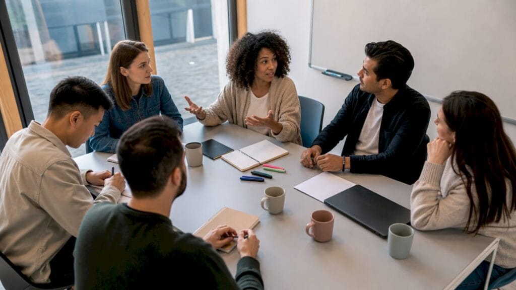 Moment d’échange et de travail en équipe pour favoriser la cohésion et la créativité au bureau.