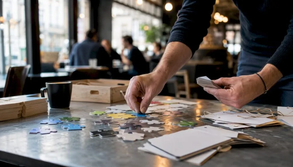 Des mains s’activent pour préparer le matériel destiné à une activité de team building.