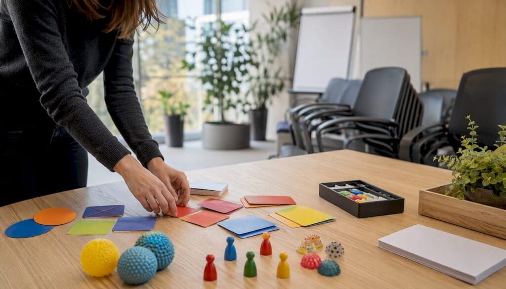 Des mains s’affairent à préparer le matériel pour un jeu d’ambiance sur la table.