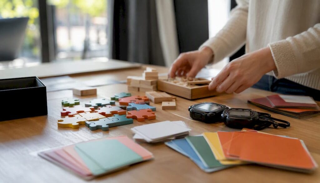 Tout le matériel nécessaire pour l’atelier de team building est disposé sur la table, prêt à être utilisé par les participants.