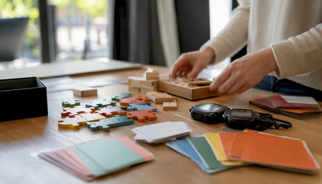 Tout le matériel nécessaire pour l’atelier de team building est disposé sur la table, prêt à être utilisé par les participants.