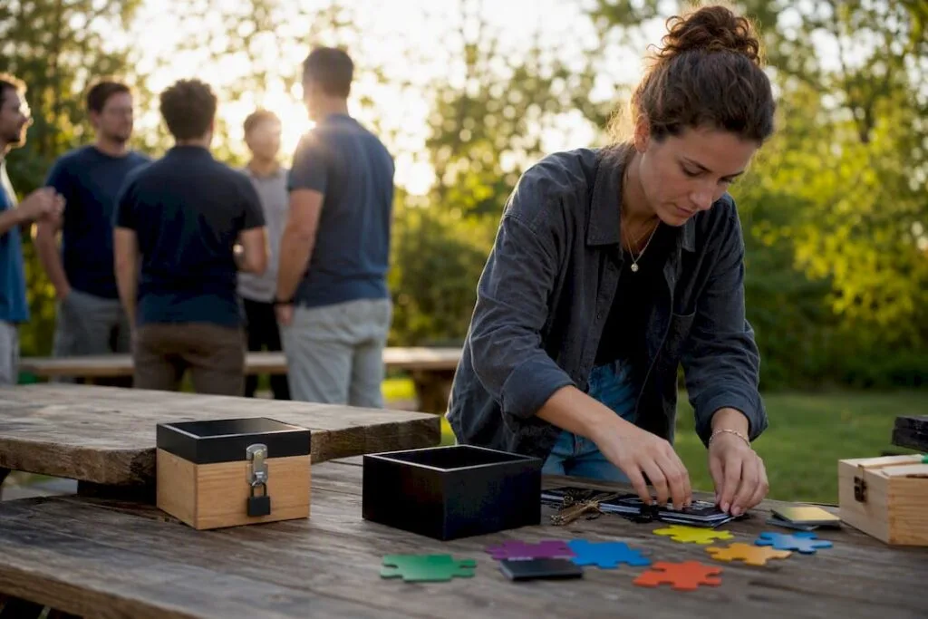 Des mains assemblant des éléments d'un jeu d'évasion sur une table