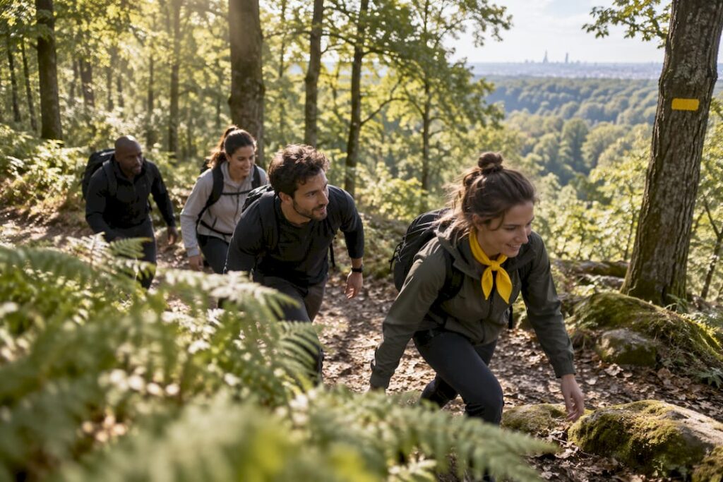 Une équipe en pleine activité de team building en forêt
