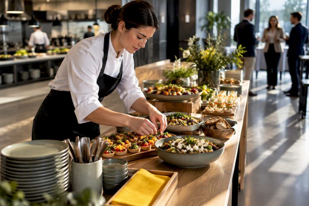 Buffet d'entreprise à base de produits locaux avec vaisselle réutilisable
