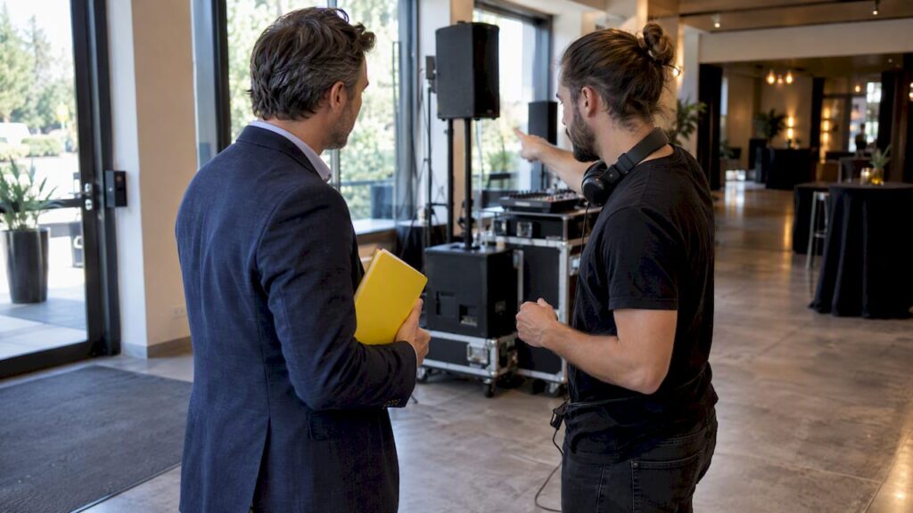 Organisateur et DJ qui vérifient une déclaration musicale