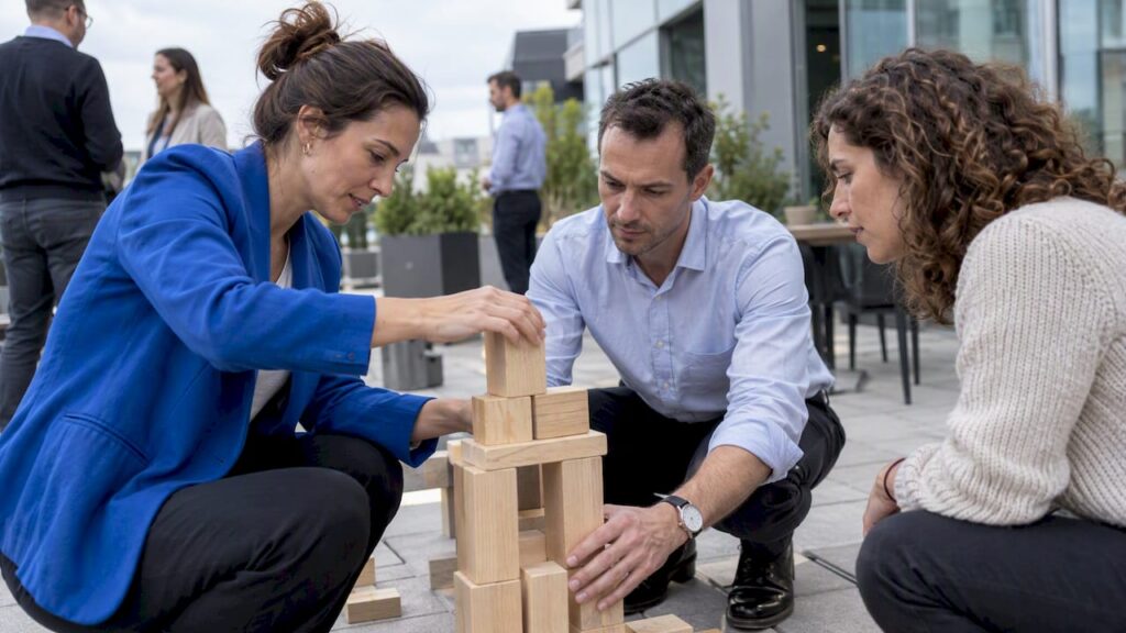 Des collègues qui construisent ensemble une tour en bois