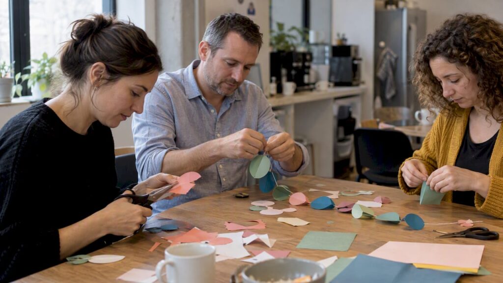 Des collègues confectionnant une guirlande en papier