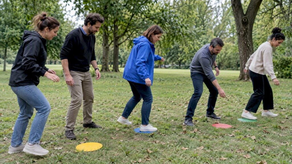 Équipe en pleine activité collaborative dans un parc