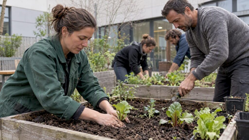Des collègues qui plantent ensemble un carré potager